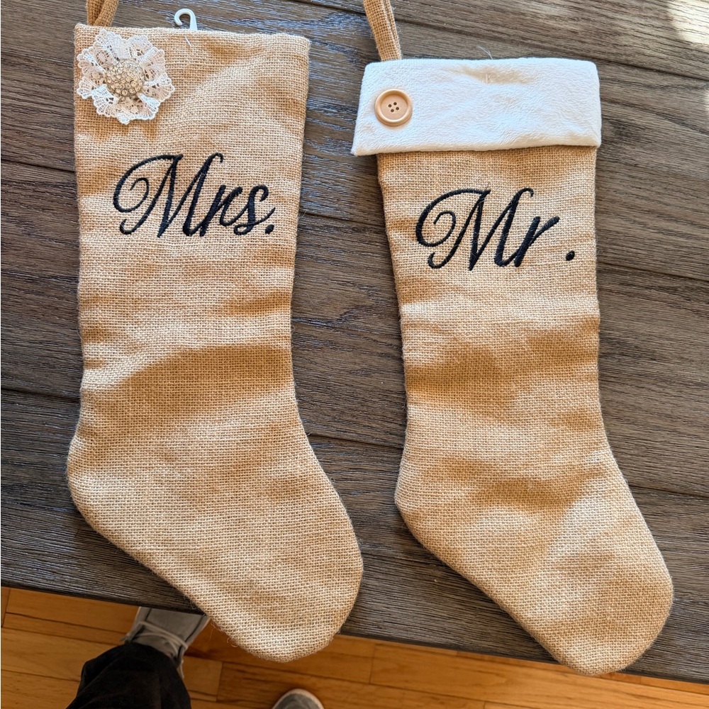 Mr. and Mrs. Burlap Christmas Stockings